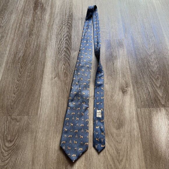 Hermes Paris Made In France Blue Horse Animal Pattern Silk Tie 625657 EA - Picture 1 of 5